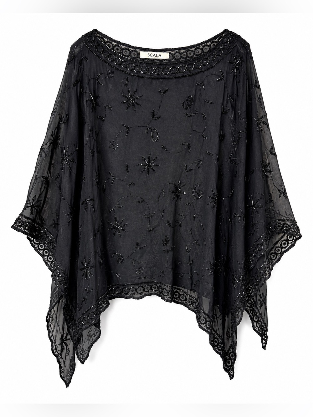 Vintage Scala Black Beaded Poncho Top Whimsigoth Fairycore Mesh Blouse
